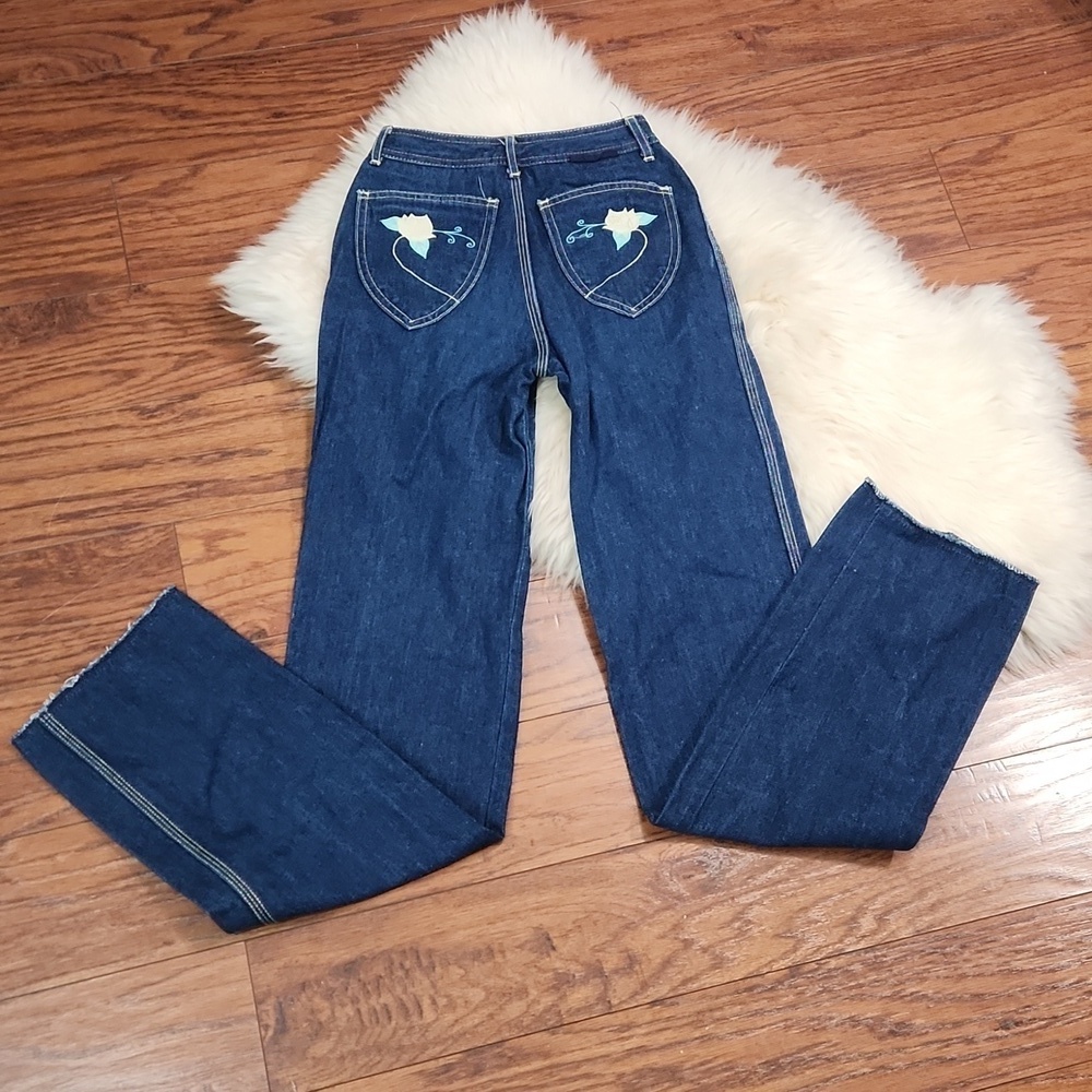 Vintage 70's Organically Grown Embroidered Pocket High Rise Dark Wash Jeans - Picture 7 of 10
